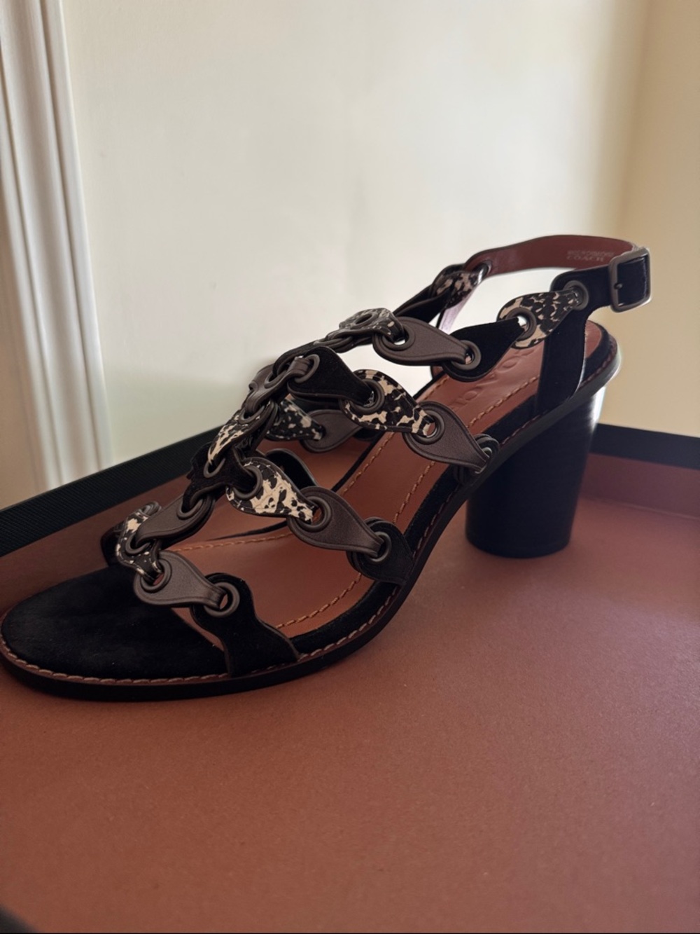 Coach Black Leather Gladiator Sandals with Cream Speckle Accents - Picture 2 of 8
